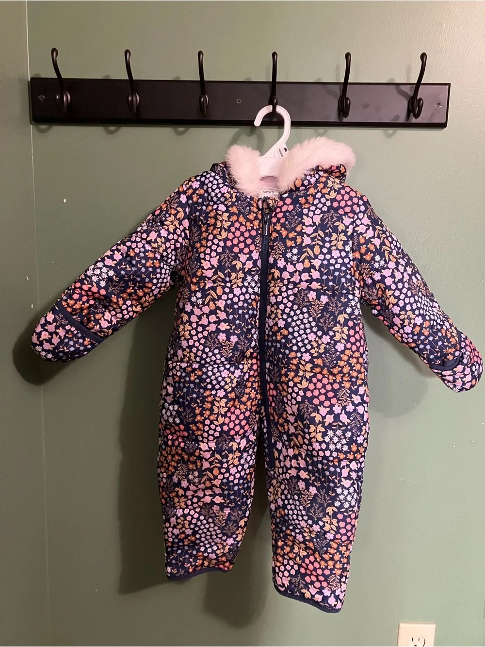 Carter's Navy Floral Hooded One-Piece Footie with Faux Fur Trim